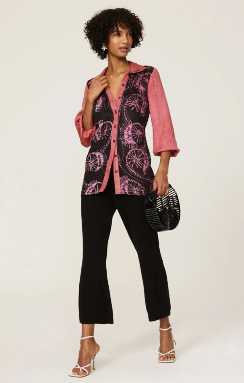 Kahindo Maa Tunic Top Black Pink Tie Dye Boho Button Down Size 6